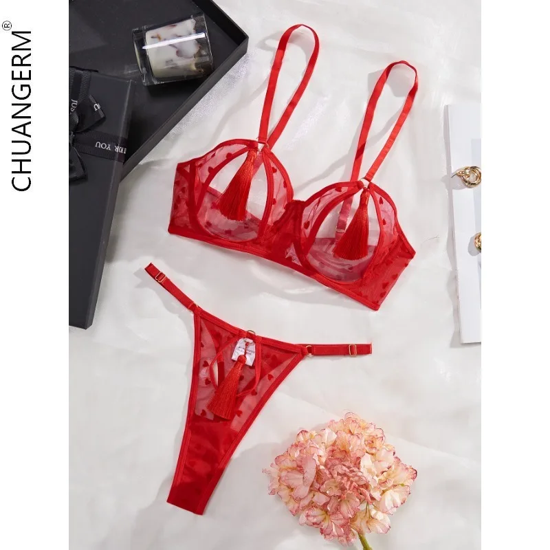 

CHUANGERM Sexy Hollow Out Tassel Lingerie Set Sex Woman Underwear Women Halter Cut Out Sexy Erotic Set Back Open Brief Kit