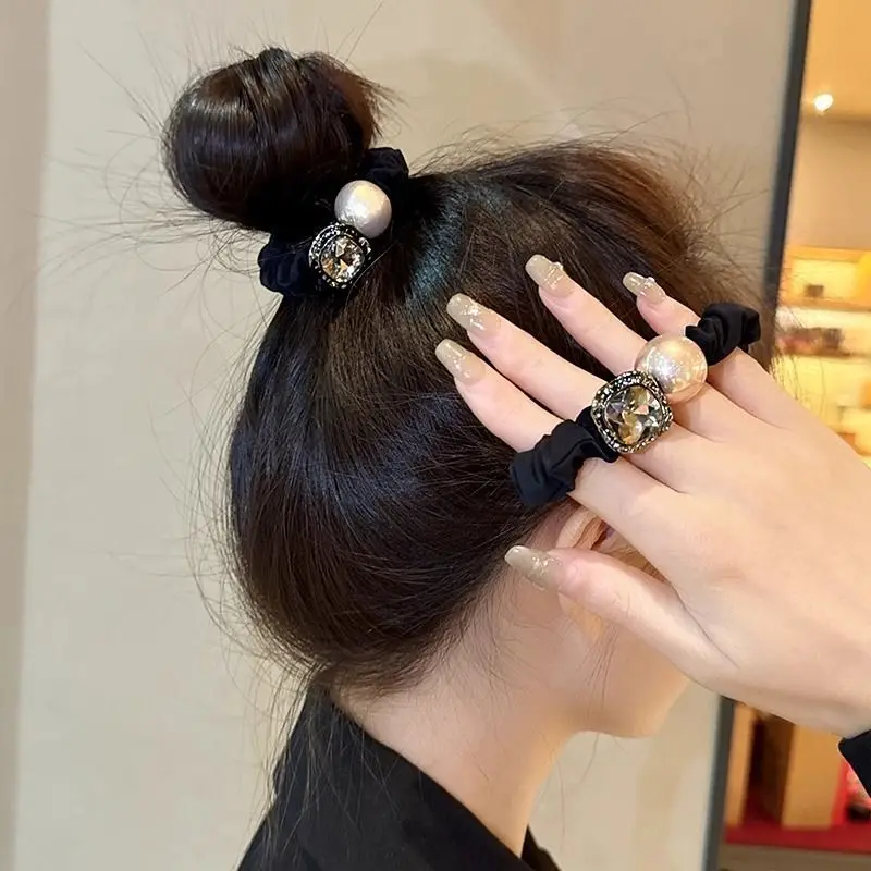

Pearl Rhinestone Hair Tie High Quality Scrunchie Simple Stylish for Ponytail Elastic Non Slip Durable Lightweight Black