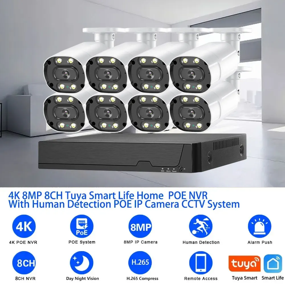 투야 HD 4K 8CH POE NVR 보안 카메라 시스템, 야외 오디오 8MP CCTV IP 불릿 카메라 비디오 감시 시스템, 4CH POE NVR 키트