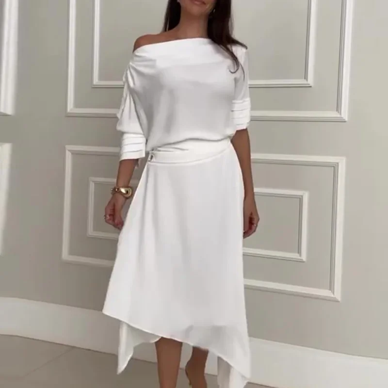 المرأة الجديدة 2025 مزاجه الصلبة مكتب البدلة ضئيلة السيدات الزي بسيط أنيق انحراف طوق كم طويل بلوزة و ألف خط التنانير مجموعة