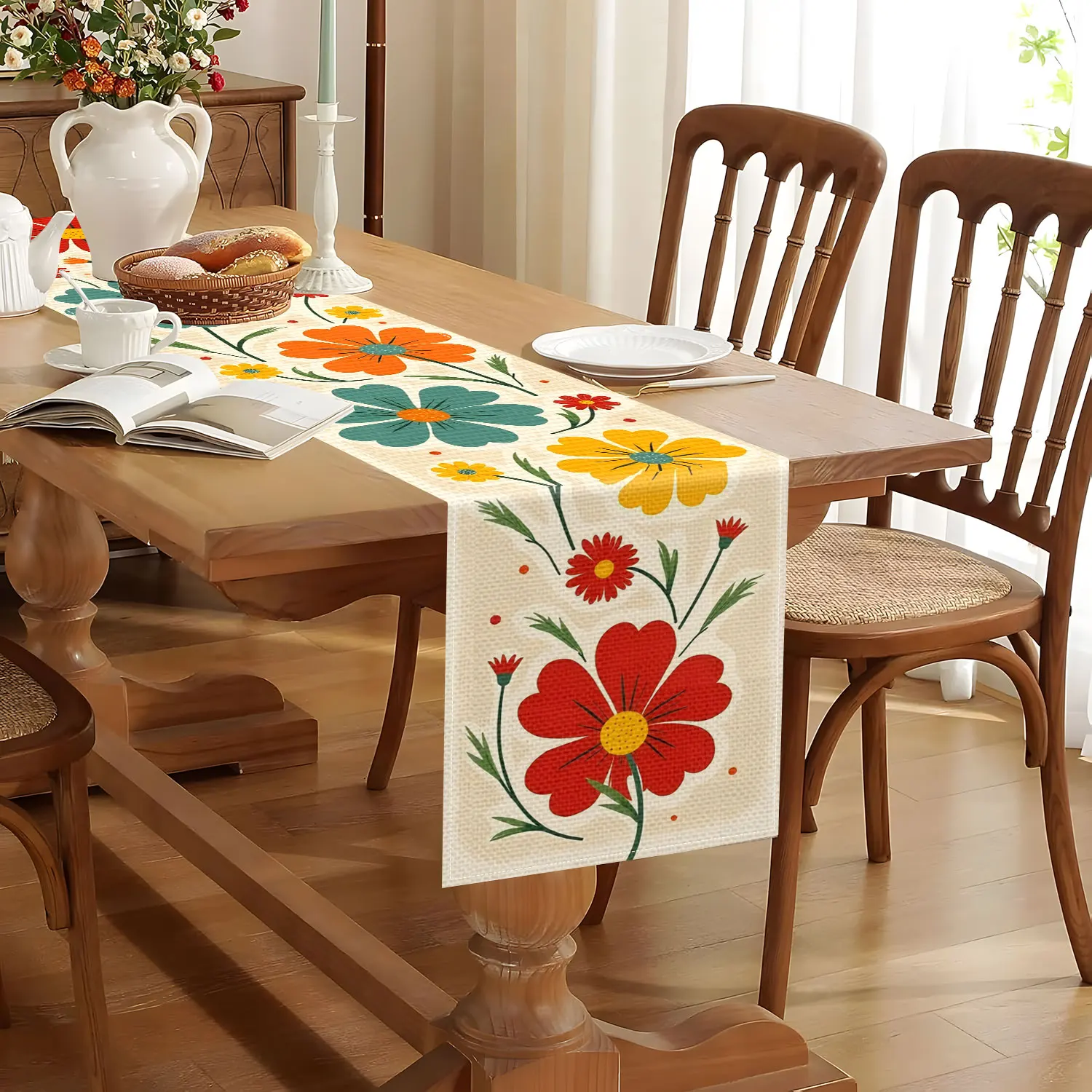 1 Flower Theme Table Runner with Multi-Color Flower Pattern, Suitable for Spring Theme Parties, Garden Parties, Home Decoration Renovation and Flower Enthusiasts Gathering
