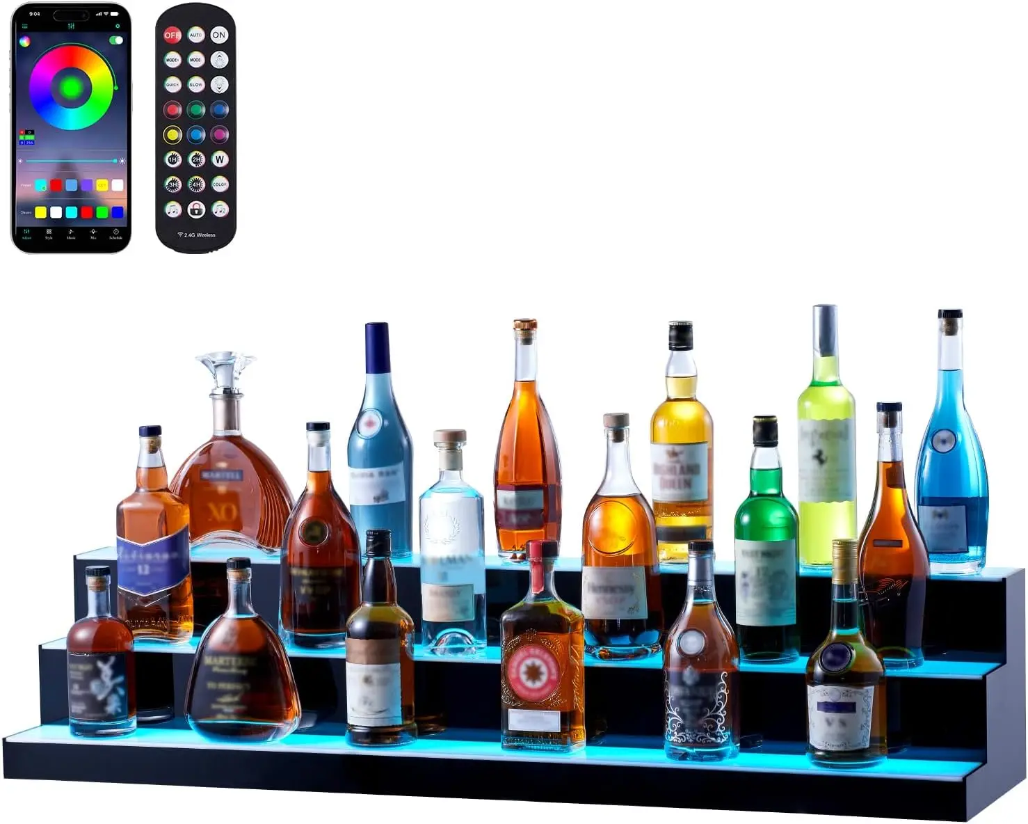 LED Lighted Liquor Bottle Display, 3 Tiers 48 Inch Commercial Illuminated Home Bar Shelf, 3 Steps Whiskey Rack Stand, Acrylic