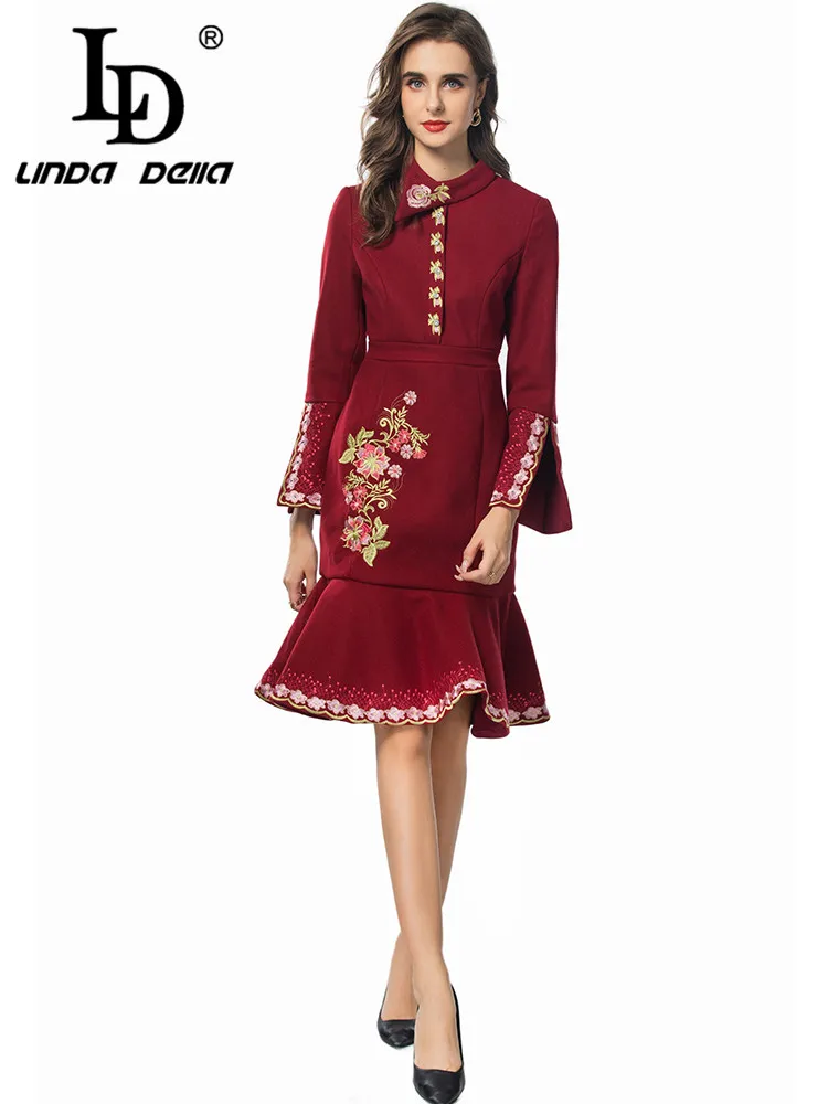 

LD LINDA DELLA Autumn Winter Women's Mermaid Dress Stand Collar Long-Sleeved Embroidery Design High Waiste Slim Dress