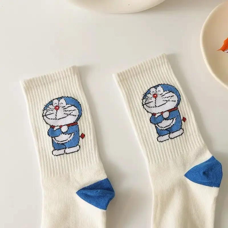 Kawaii Doraemon Pattern Woman Socks Autumn Winter Thin Breathable Soft Polyester Cotton Socks Casual Medium To High Length Socks