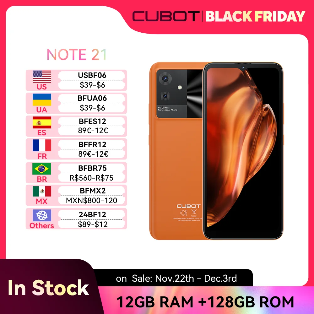 Cubot Note 21, smartphone Android 13, 12 GB di RAM (6 GB + 6 GB estesi), 128 GB di ROM, schermo da 6,56 pollici a 90 Hz, fotocamera da 50 MP, batteria da 5200 mAh, Face ID, Octa-core, 4G telefono cellulare in offerta