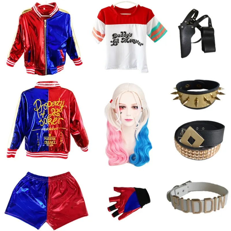 

Girls Harley Squad Monster Shirt Quinn Costume Printed Jacket Shirt Pants Gloves Suicide Cosplay Halloween Parent-child Costume