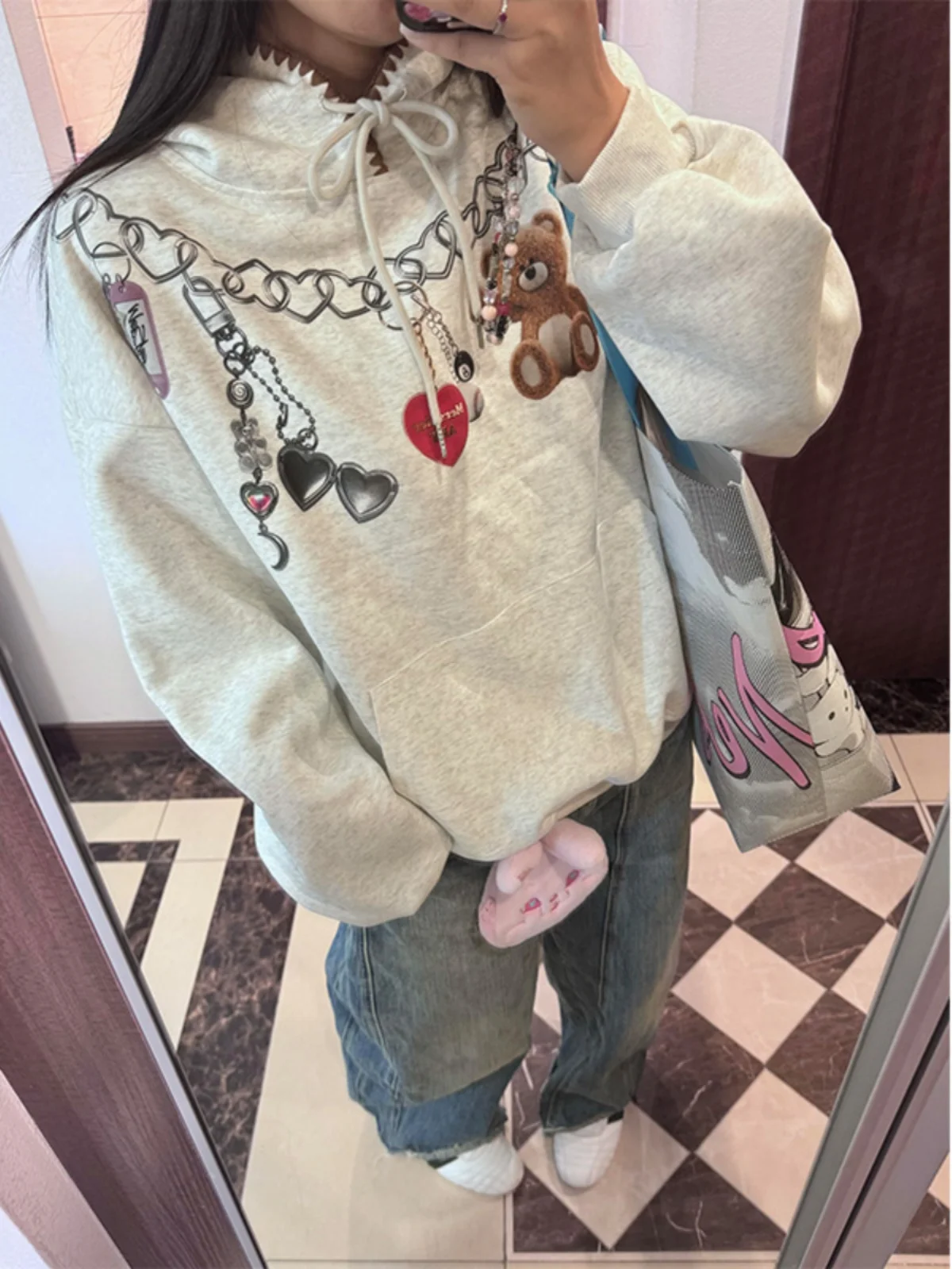 Retro American Grey Bear Print Hoodie Women's Loose Fit Casual Fleece Autumn Winter New Style Versatile Top Korean Commute Style