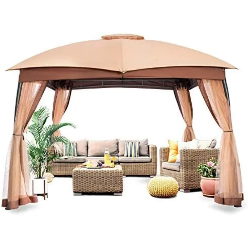 Gazebo for Patio, Double Vent Canopy Gazebo with Privacy Netting Screen, Outdoor Heavy Duty Steel Patio Gazebo