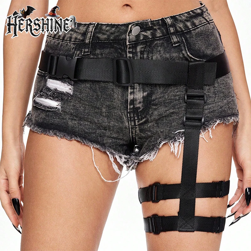 HERSHINE Women's Black Fashion Canvas Belt and Sexy Leg Strap Set, Y2K Gothic Punk Harajuku Rock Hip Hop Style，spring，summer