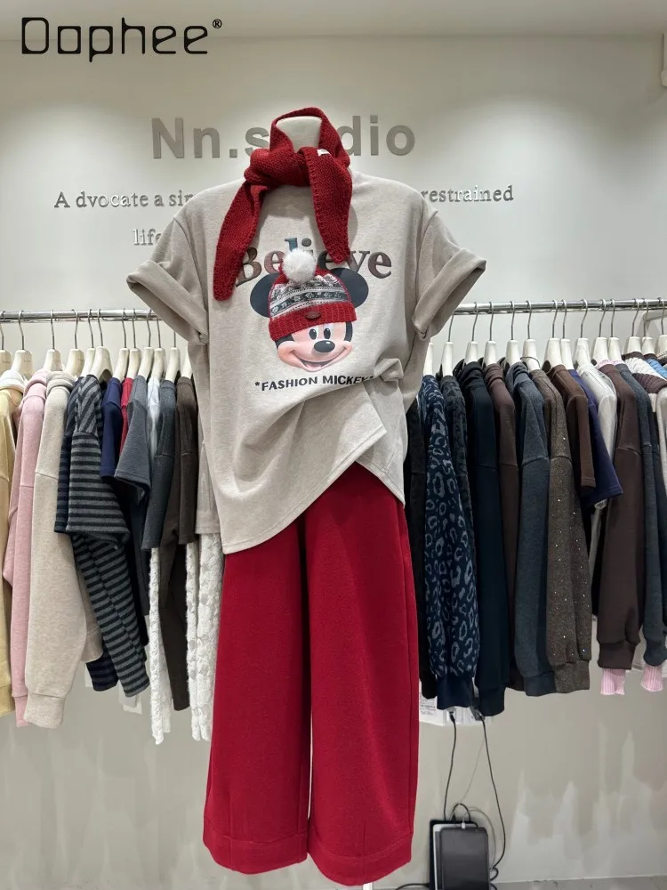

Christmas Cartoon Thickened Brushed Short Sleeve T-Shirt for Women 2025 Winter New Versatile Casual Mid-Length Loose Top