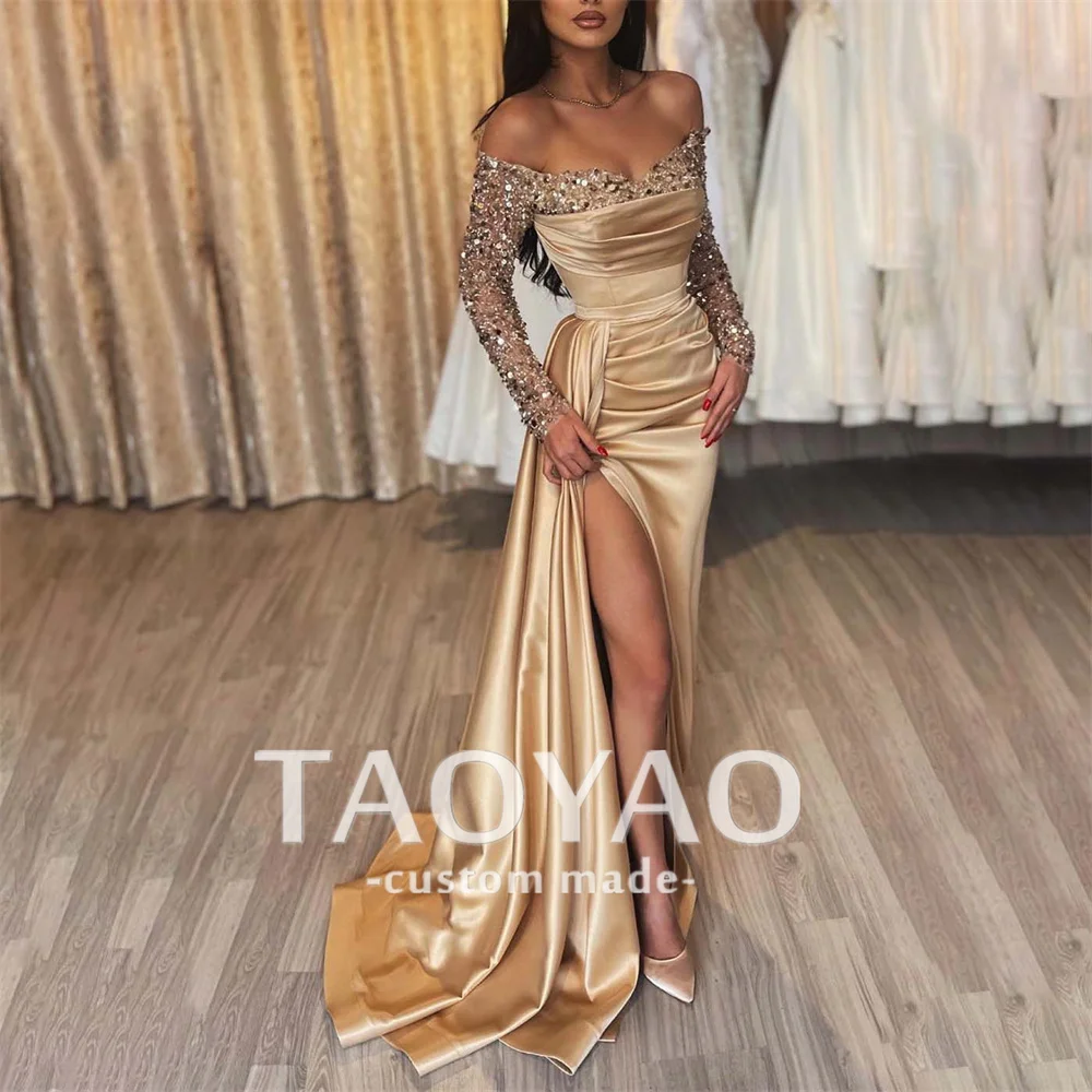 

New Sheath Evening Dresses Off Shoulder Long Sleeves Sequins Gorgeous Wedding Dress Party Dresses Prom Dress Vestidos De Fiesta