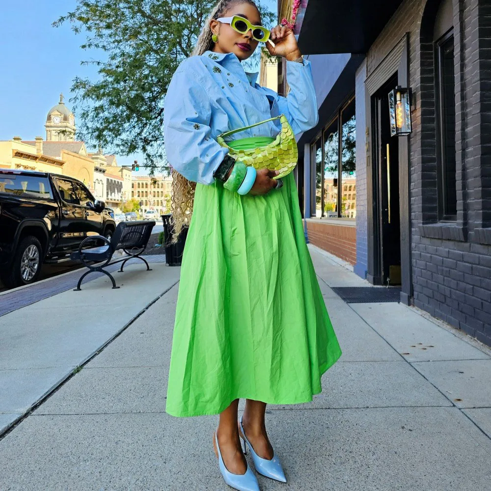 

Bright Green Maxi Skirt For Women Long Satin High Waist Skirts Girls Birthday Skirt A Line Female Maxi Skirt