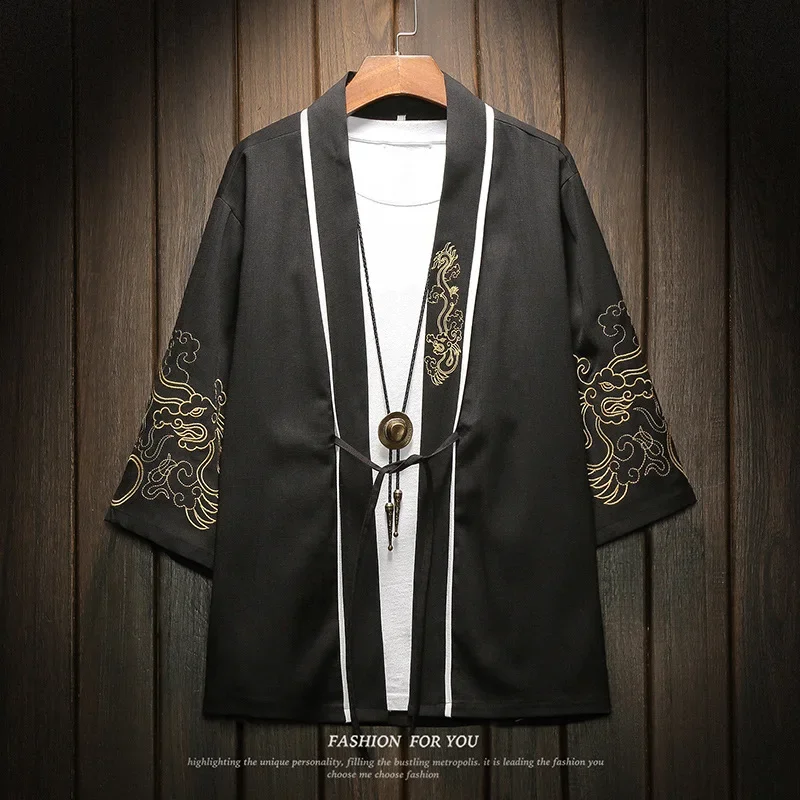 Stile cinese ricamato uomo Kimono costumi Samurai Retro Harajuku Kimono Cardigan giapponese Yukata Haori Plus Size giacche