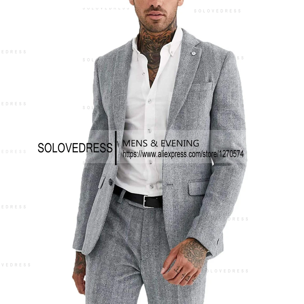 2 Pieces Men\'s Suits Herringbone Slim Fit  Single Breasted Suit Formal Suits Groomsmen Wedding Tailored Fit (Blazer+Pants)