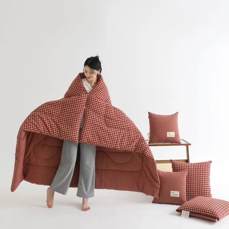 Camping Quilt Wearable Red Gingham Plaid 2-In-1 Soft Warm Portable Throw Blanket Pillow For Outdoor Hiking Travel Office Nap