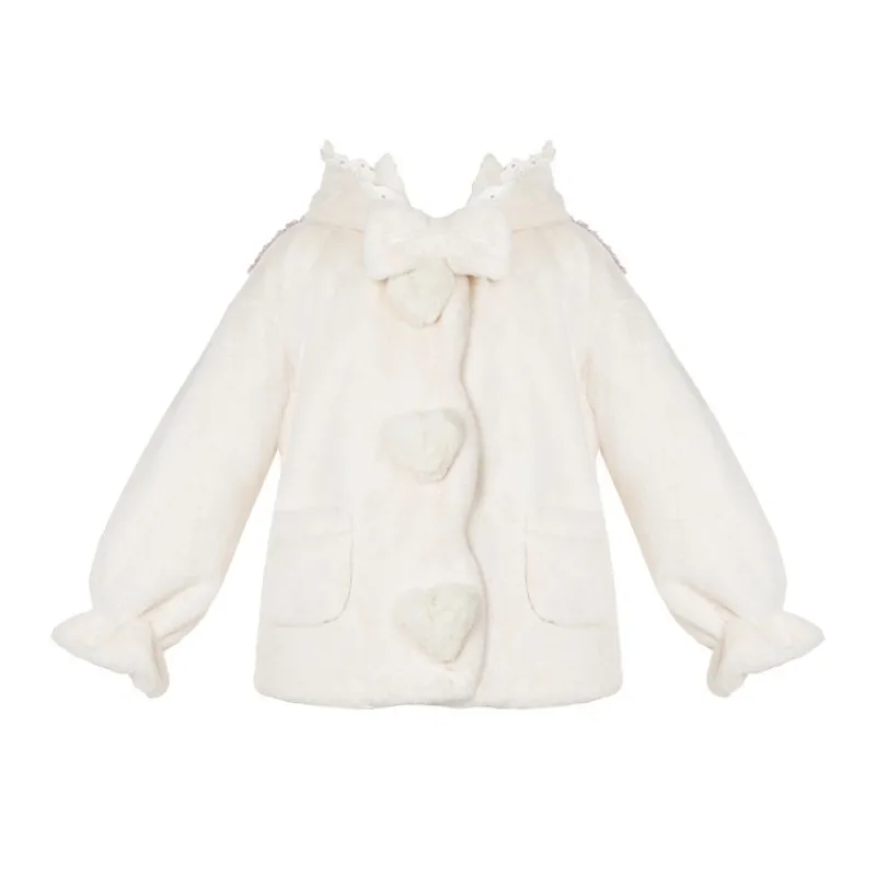 Autumn Winter Thickened Lolita Plush Coat Girls' White Plush Hooded Coat Bowknot Plush Ball Warm Top