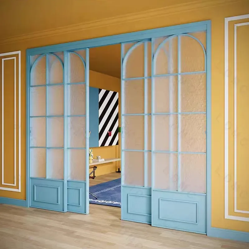 Candy Color Blue Retro Aluminum Alloy Sliding Door Linkage Glass Hanging Door Corbusier Blue Modern Interior Partition