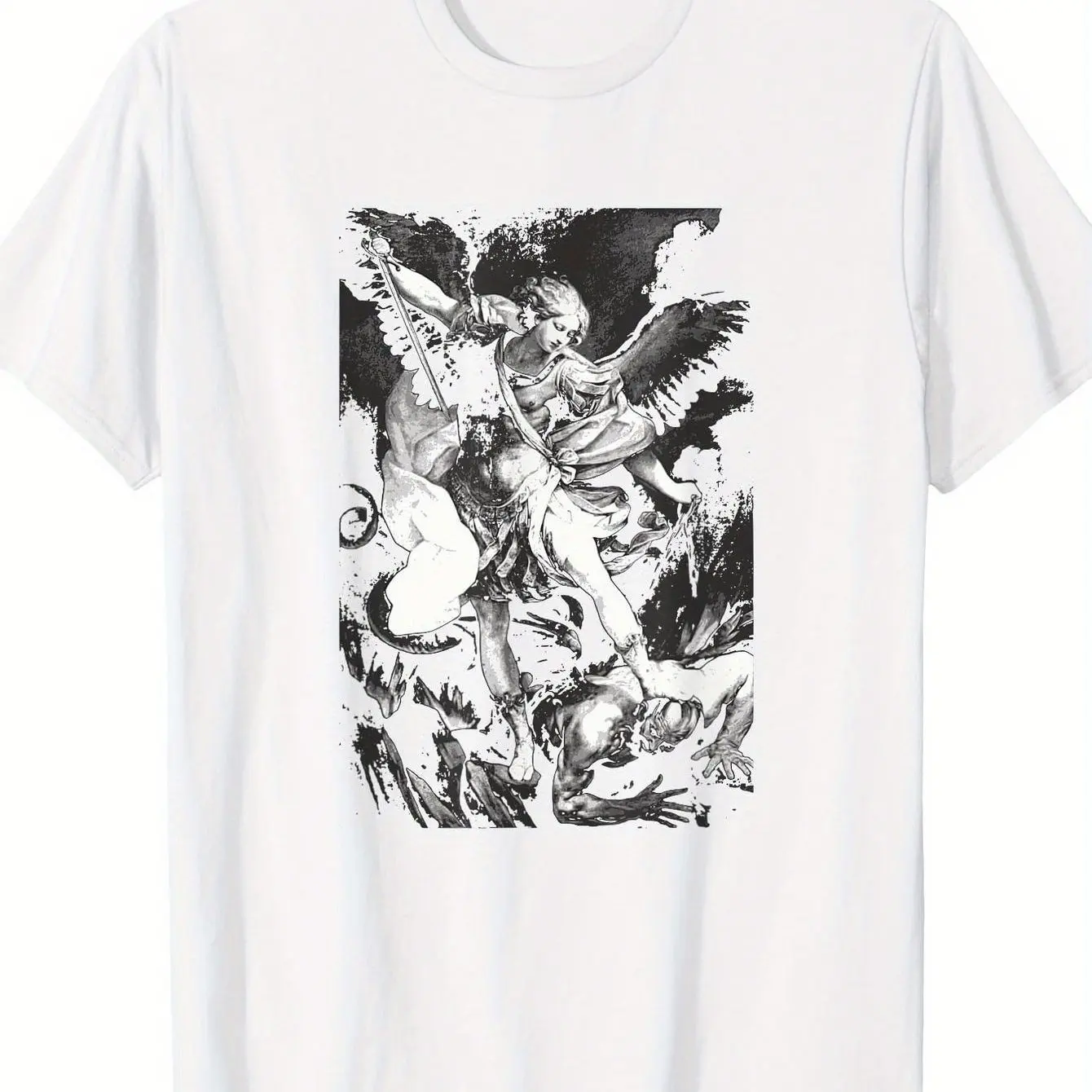 تي شيرت سانت مايكل رئيس الملائكة الكاثوليكية - ملابس دينية سوداء مع عمل فني مايكل القتال شيطان - تي شيرت قطني عالي التحمل #2