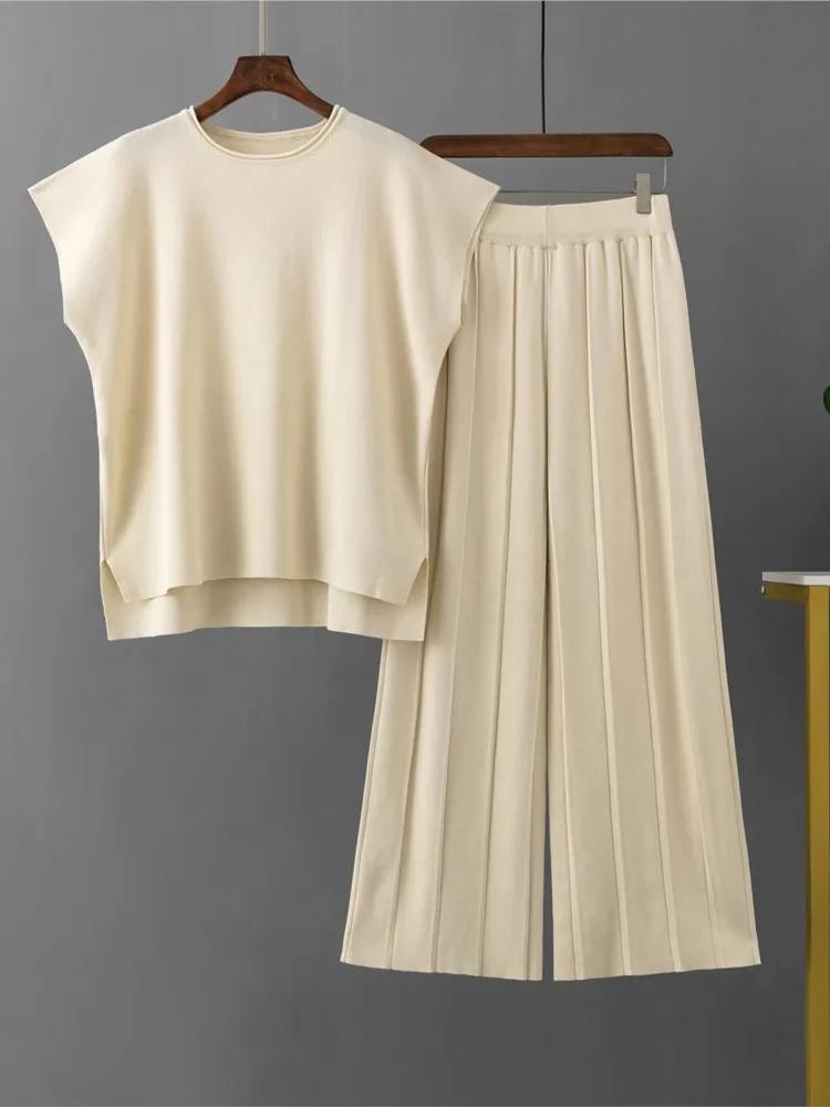 Mode Stricken Set Für Frauen Casual Solide O Hals Ärmellose Tops + Hohe Taille Breite Bein Hosen 2-stück Sets Dame Büro Kleidung Sommer