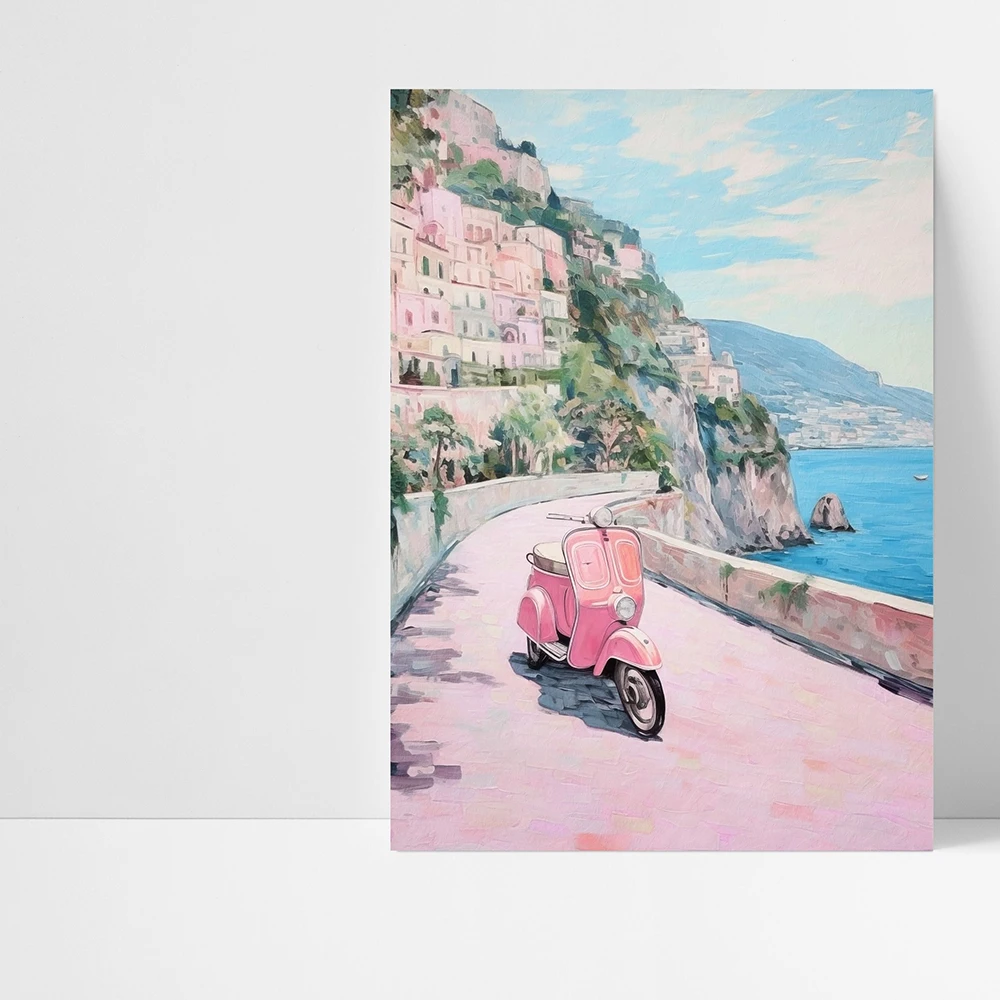 Italy City Pastel Vespa Landscape Canvas Painting Pink Coastal Poster and Print Nordic Wall Picture for Living Room Decoration