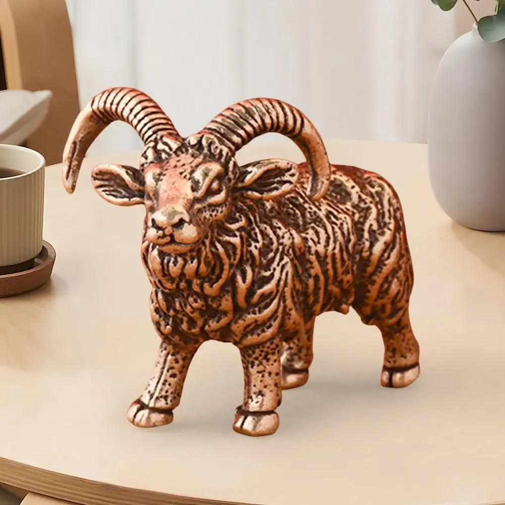 Brass Goat Figurine Vintage Long Horn Sheep Model Mini Animal Metal Statue Sculpture Desktop Feng Shui Desktop Decor Ornament