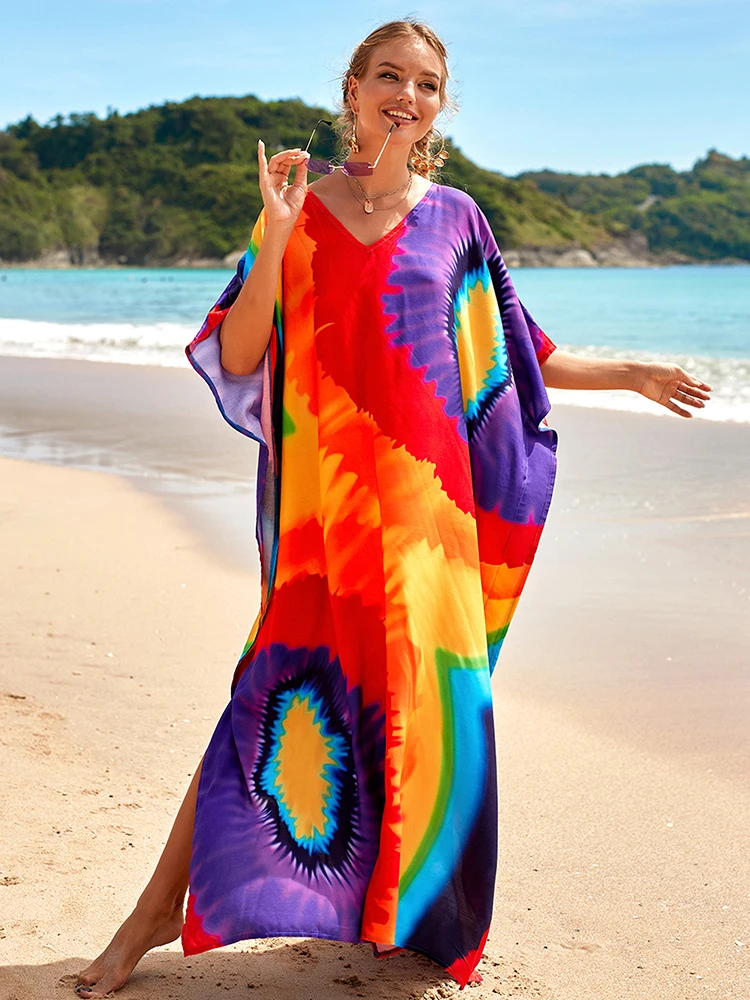 Vestido maxi estampado boêmio, kaftan multicolorido, encobrimento de maiô, túnica para estilo praia, novo, 2022, tamanho grande