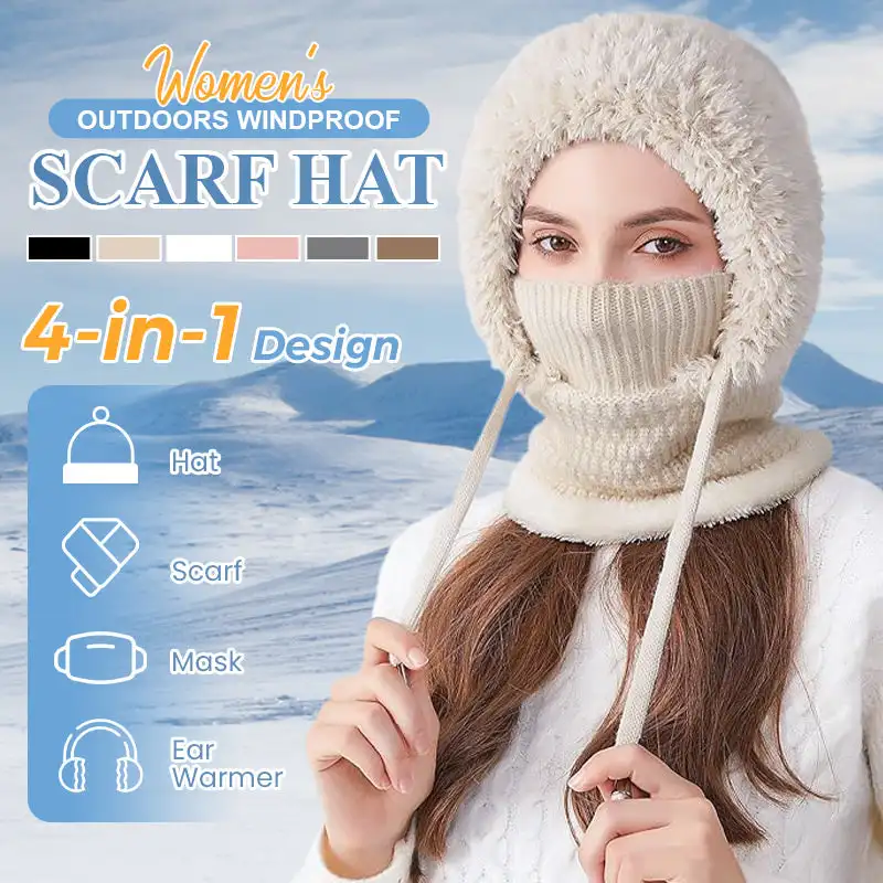 

Women's Outdoors Windproof Scarf Hat Winter Knitted Integrated Hat Scarf Set Cold Proof Ear Protection Warm Plush Velvet Hats