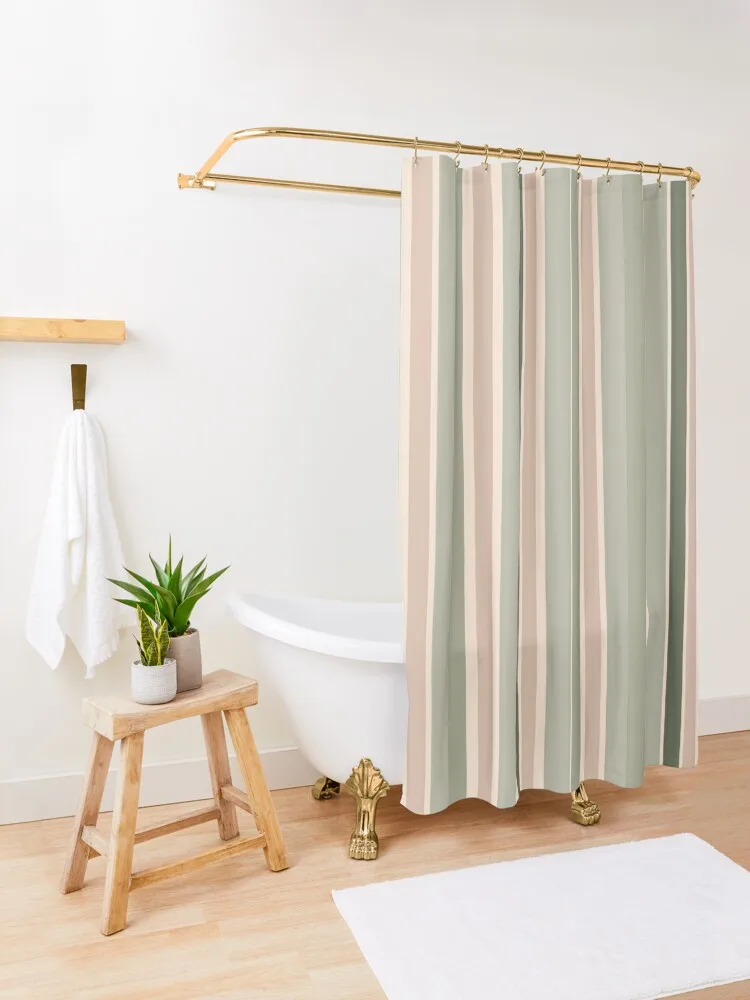 Color Block Stripes Beige and Green Shower Curtain Bath Curtain