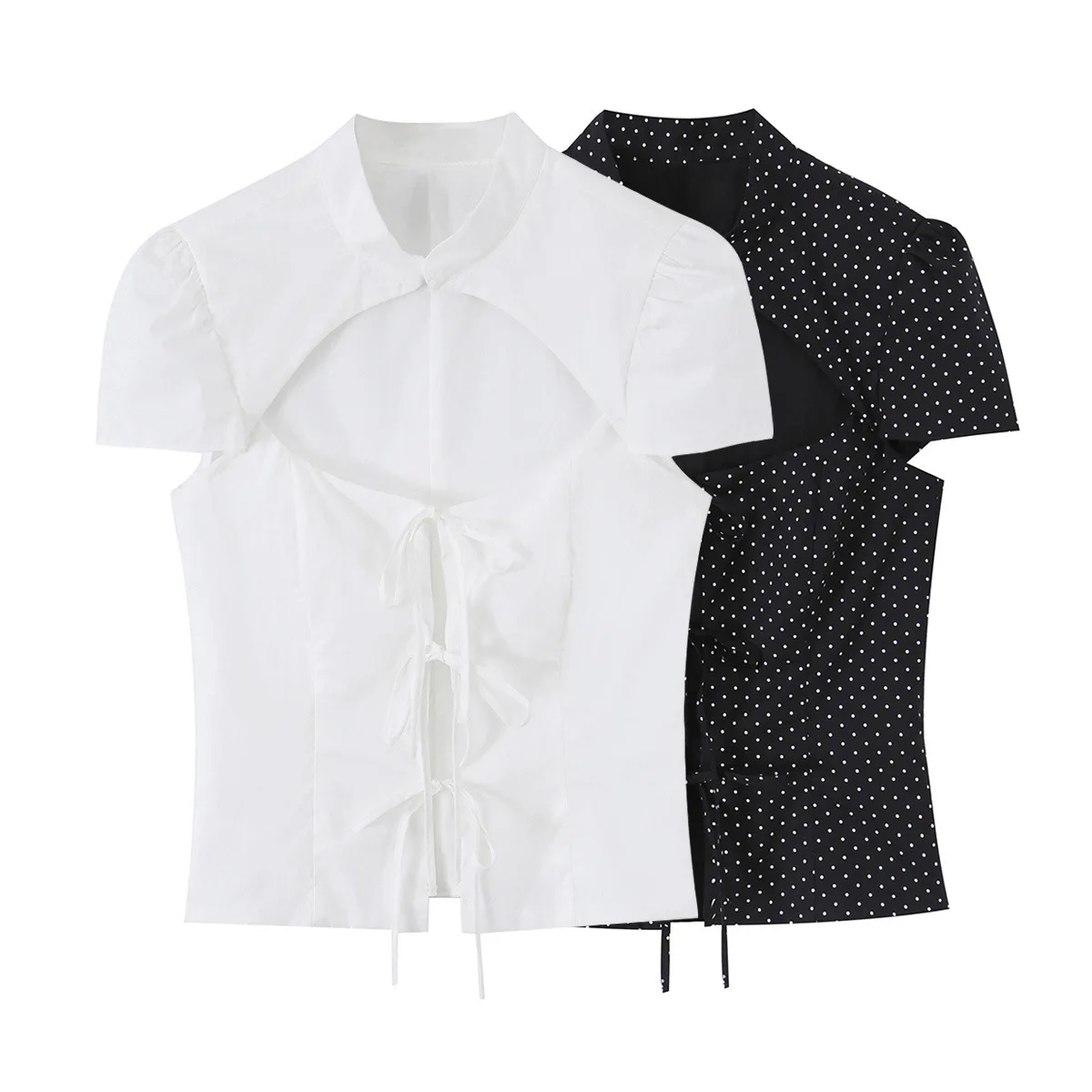 

Dave&Di European And American Style New Fashionable Temperament Women's Polka Dot Split Bow Decoration Poplin Shirt