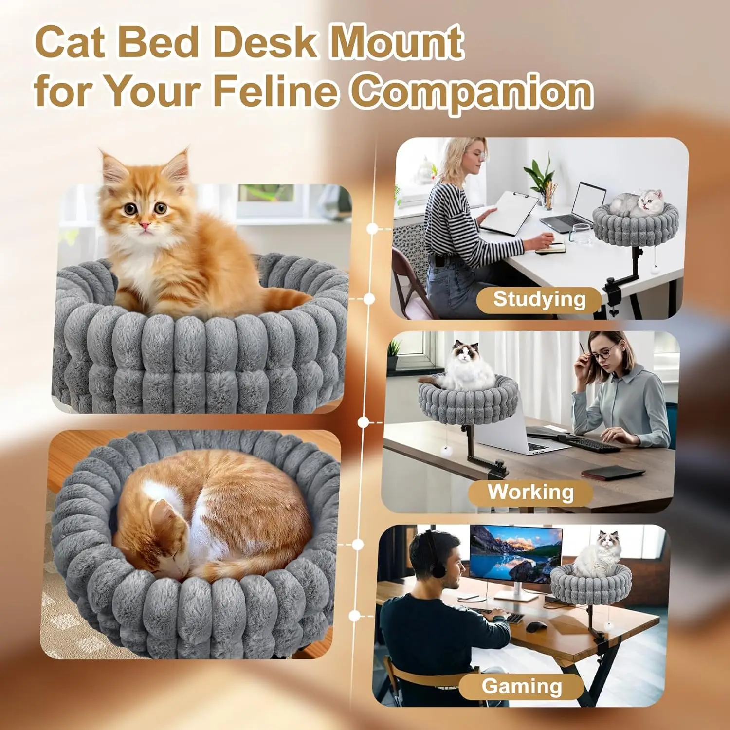 Cat Bed for Desk, 360° Rotating, Height Adjustable, Soft Faux Fur, Removable Washable Cover, Supports 50 Lbs