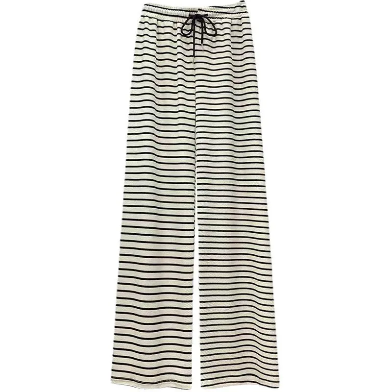 Serviette en soie glacée taille haute pantalon à jambes larges Dstring pantalon décontracté femme printemps été drapé rayé pantalons décontractés