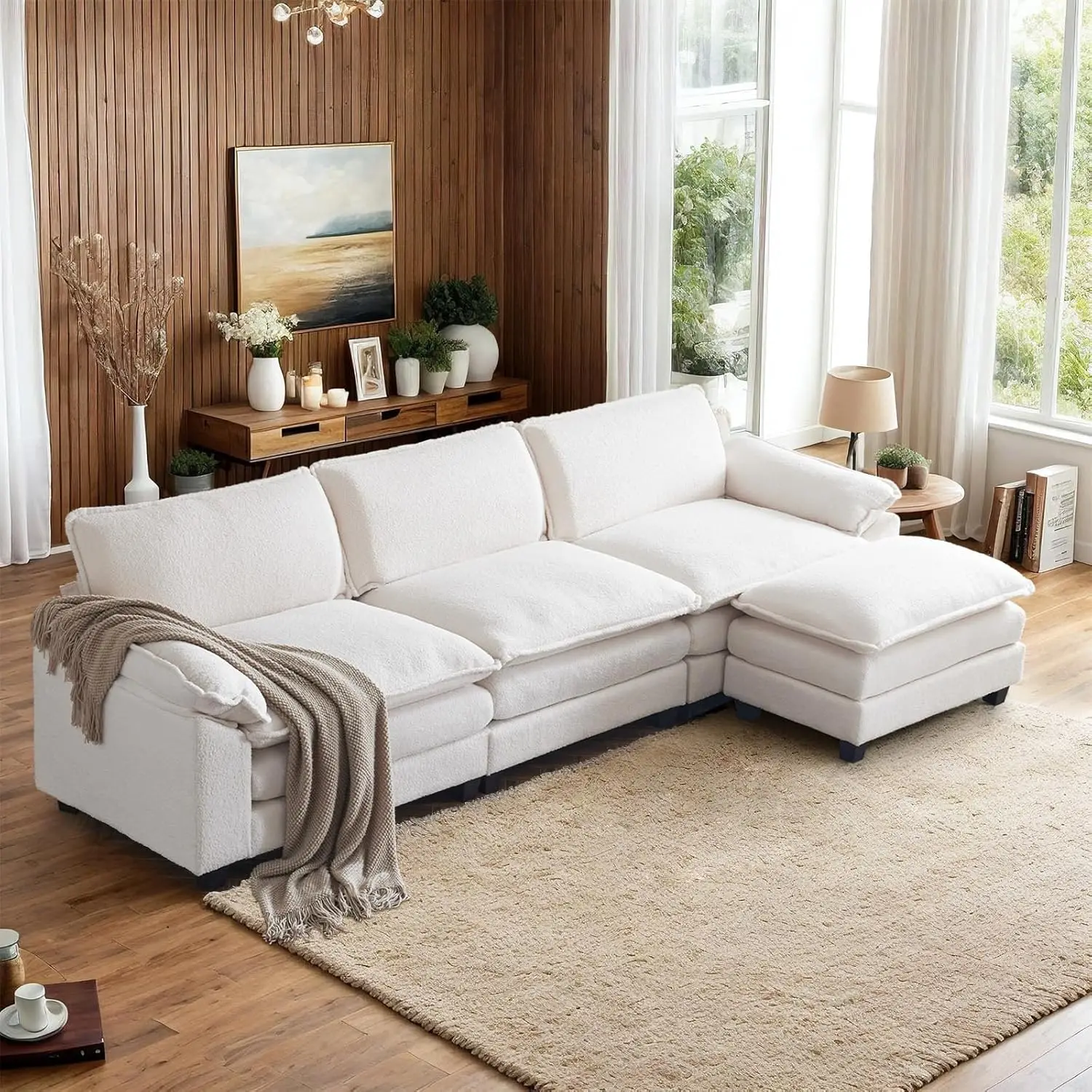 

120" Convertible Sectional Sofa,L-shaped Deep Seat Couch for Living Room,Modern 2/3-Seat Sofa w/ Ottoman for Small Space(White)