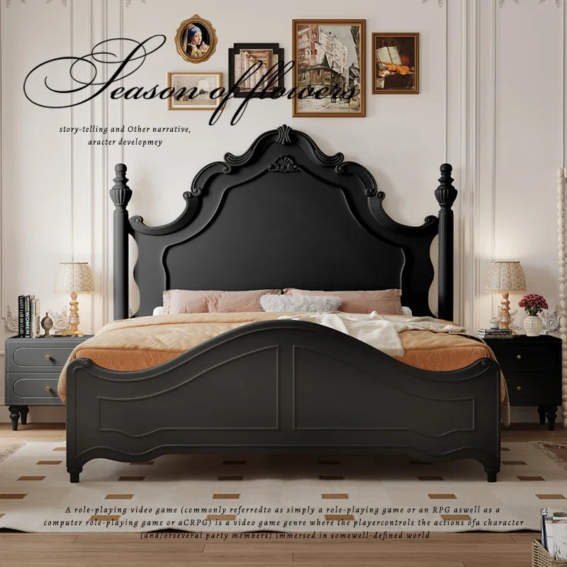 

Дизайнерская французская черная кровать из чистого массива дерева в винтажном стиле для спальни