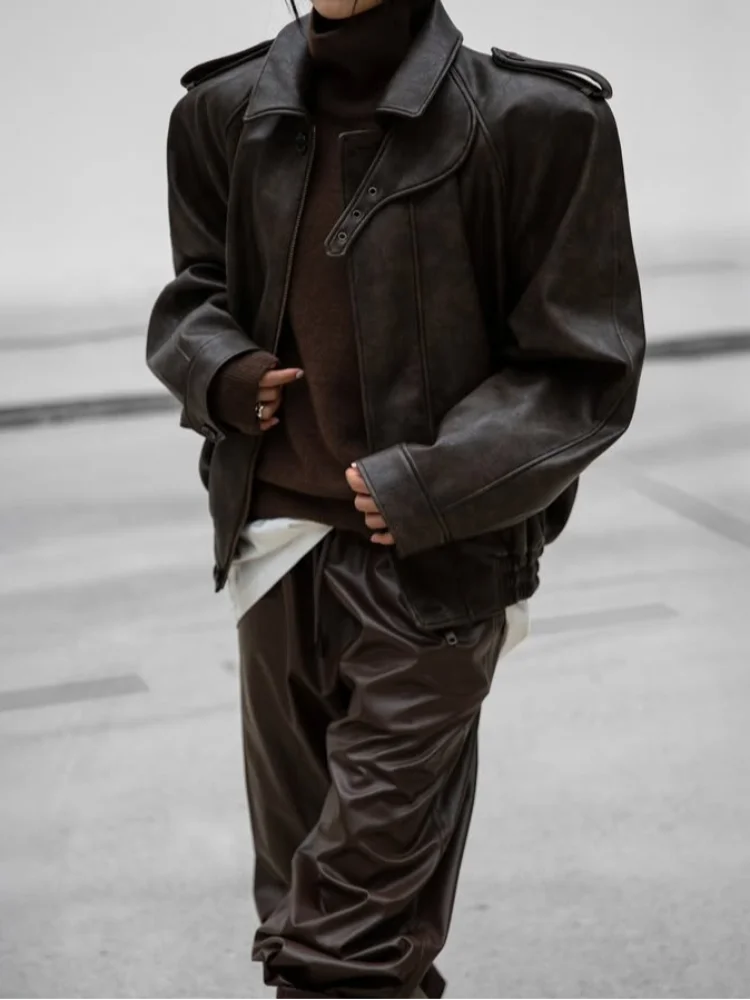 

Women Stand Collar Leather Jacket Solid Casual Full Sleeve Lapel Button Zipper Loose Short Jackets 2026 Lady Spring Autumn Wear