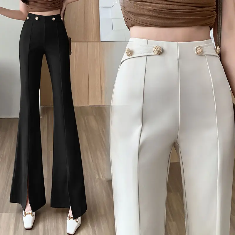 

Vintage Pants Women Botton Design High Waist Flare Pants Straight Trousers Womens Office Lady Formal Casual Long Pantalon A151