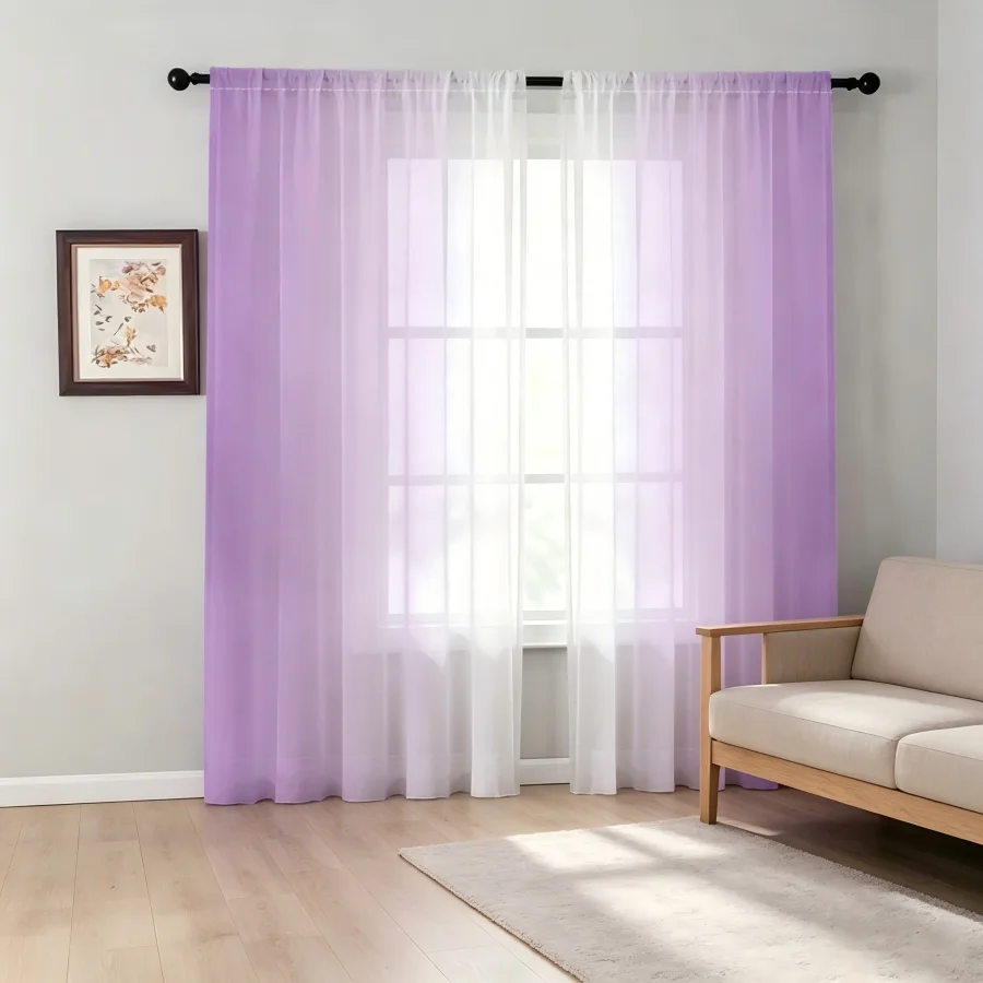2PCS Digital Print Sheer Curtain, Purple White Gradient Dreamy Modern Window Drapes for Living Room Bedroom Home Decor
