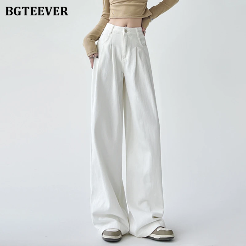 

BGTEEVER Stylish Single Button Women Wide Leg Jeans Trousers High Waist Loose Pockets White Denim Pants Female