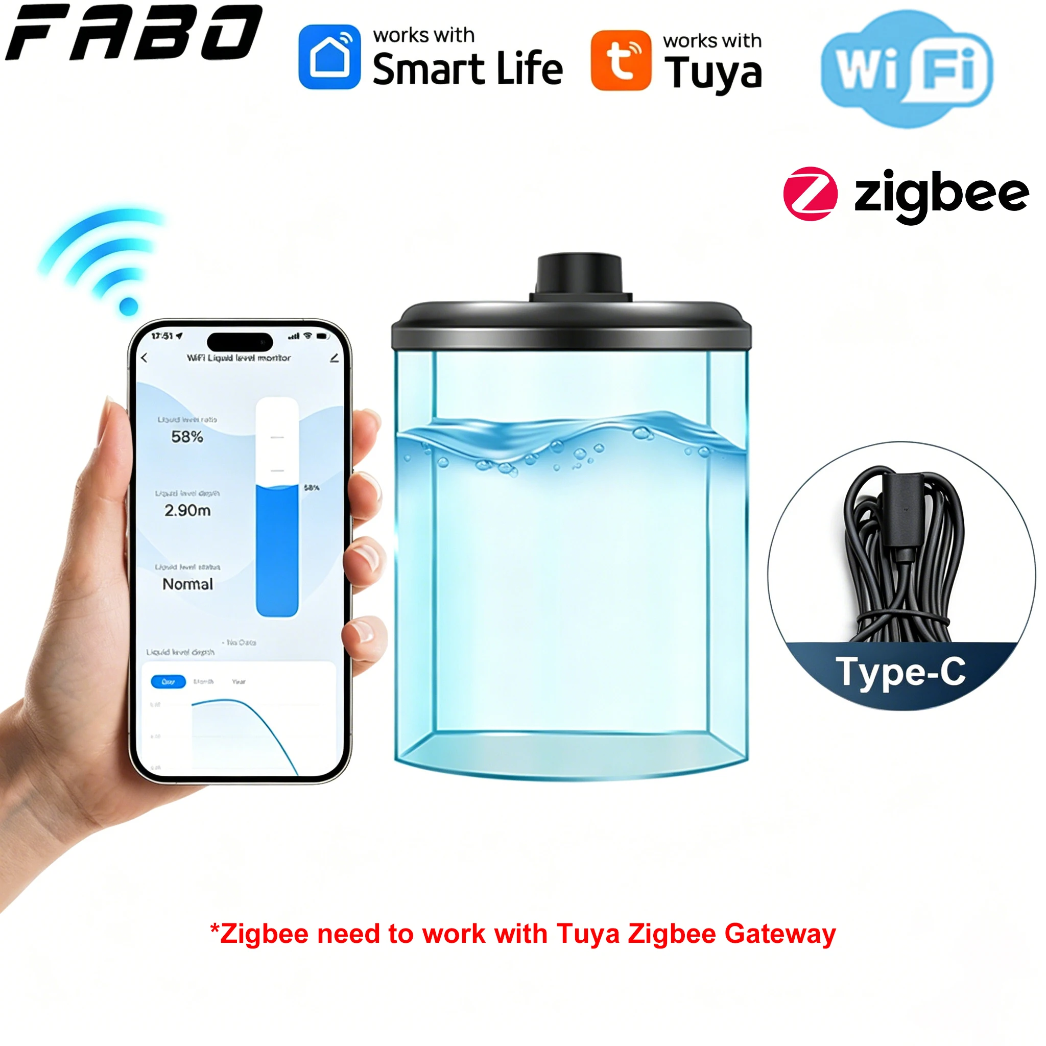 Capteur de niveau d'eau ultrasonique Tuya WiFi ou Zigbee, jauge sans fil, moniteur de niveau de réservoir d'eau, détecteur de fuite d'eau étanche IP65