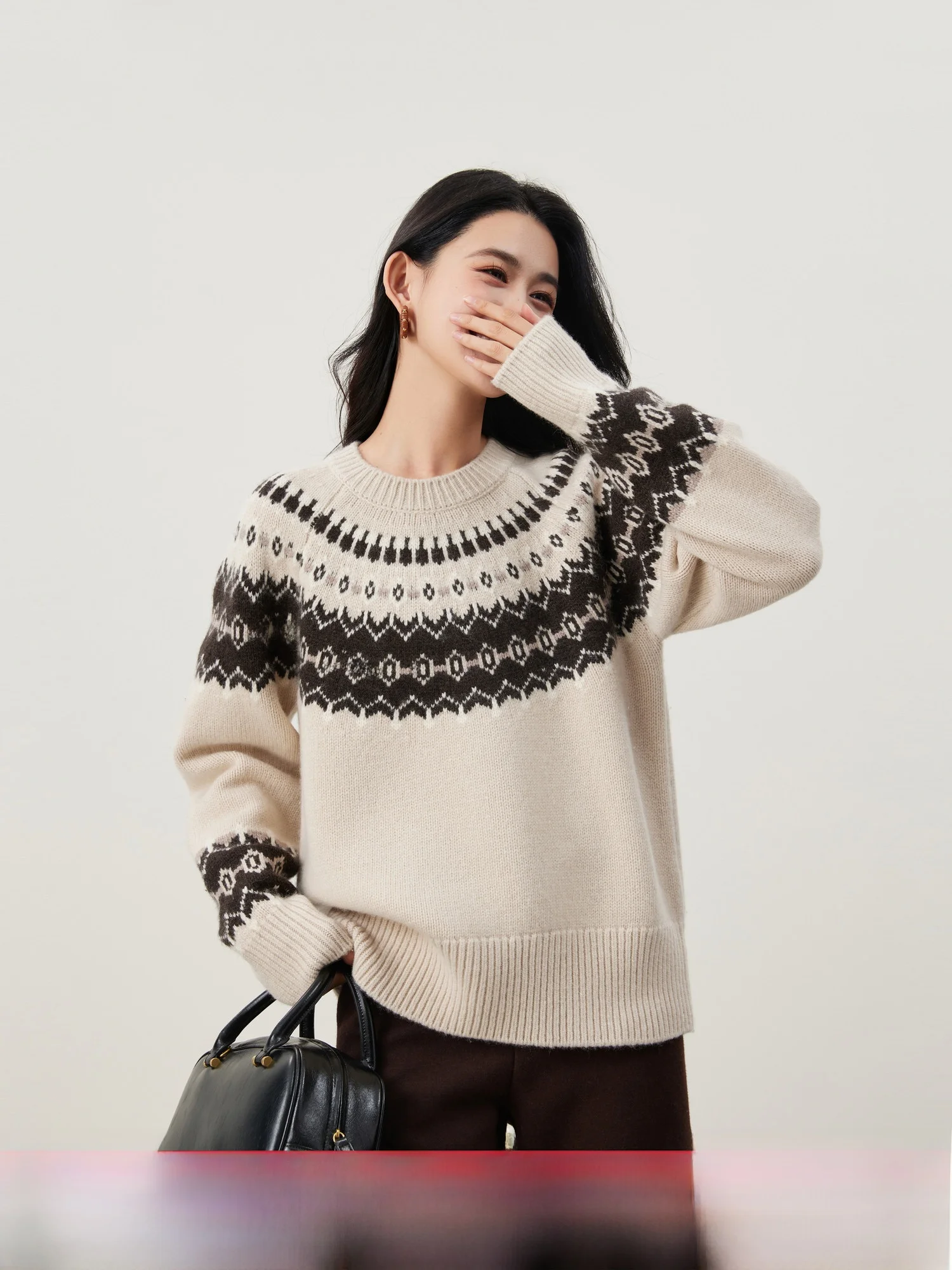 

Autumnal Artistic Retro 00% Wool Fair Isle Knit Sweater Loose round Ne Women's Sle Ele Soft Long Sve Knitted Top