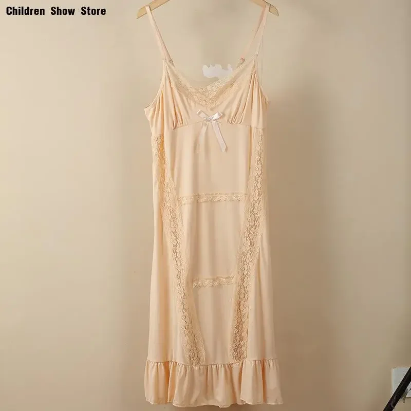

Summer New Lace Floral Trim Home Dress Nightdress for Lady Nightgown Loose Sleepwear Sexy Women Elegant Ice Silk Lingerie
