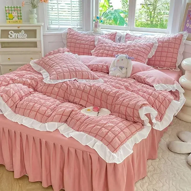 Pink pinch pleat duvet cover couple 2 people luxury double bed bedding four-piece set 220x240 quilt cover queen king size