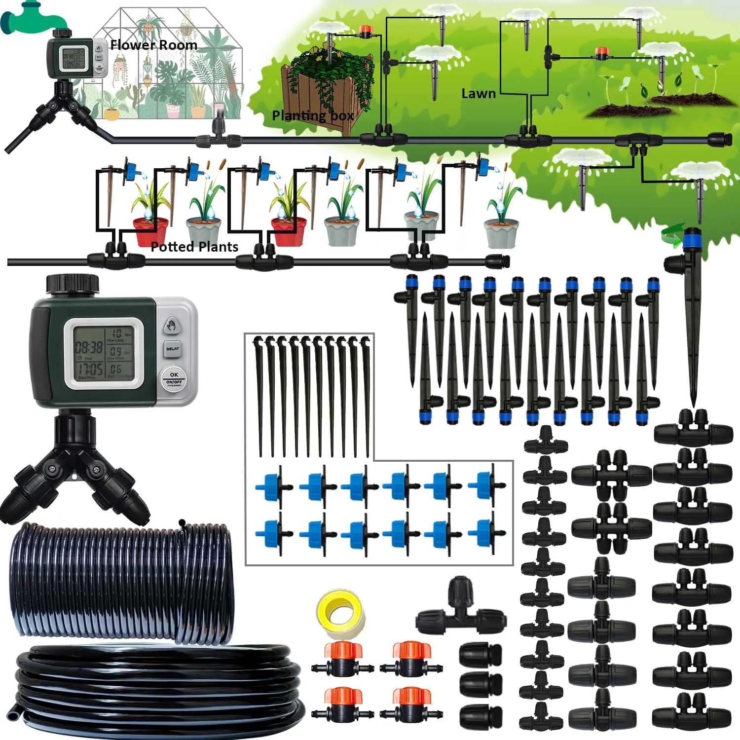

Drip Irrigation System with Water Timer 162ft Drip Irrigation Kit 5/16“ID and 1/4 Inch Pipe Auto Watering System for Garden Adju