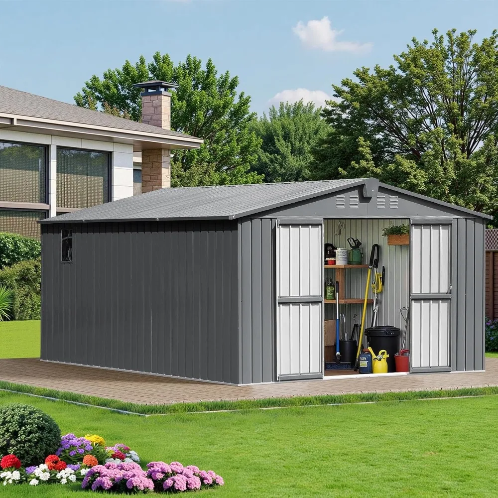 سقيفة تخزين خارجية كبيرة مقاس 11 × 12.5 قدم. سقيفة تخزين في الفناء الخلفي مع نوافذ، أبواب قابلة للقفل، فتحة تهوية، سقيفة أدوات الحديقة، فولاذ أيضًا