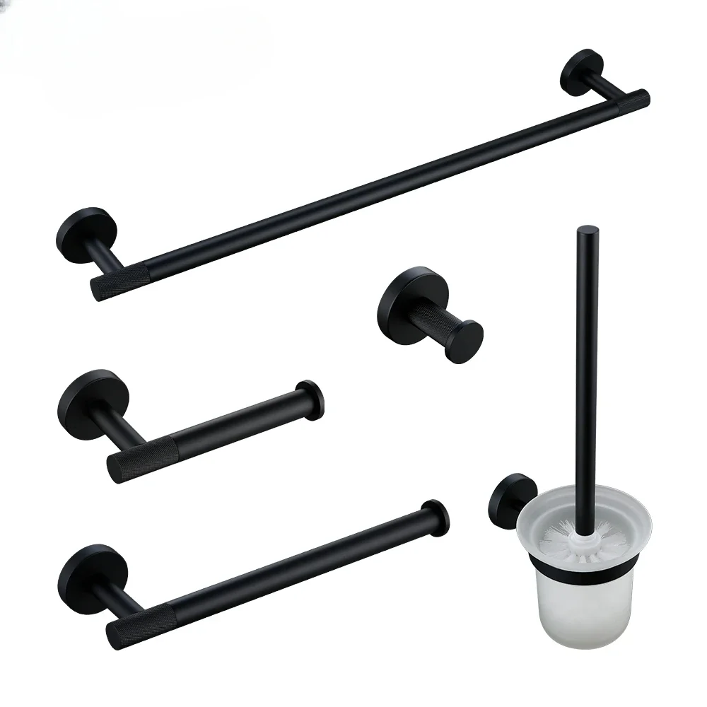 Matte Black Bathroom Accessories Towel Bar Bath Robe Hook Brass Knurled Bathroom Hardware Set Shelf for Towels Paper Tissue Hol