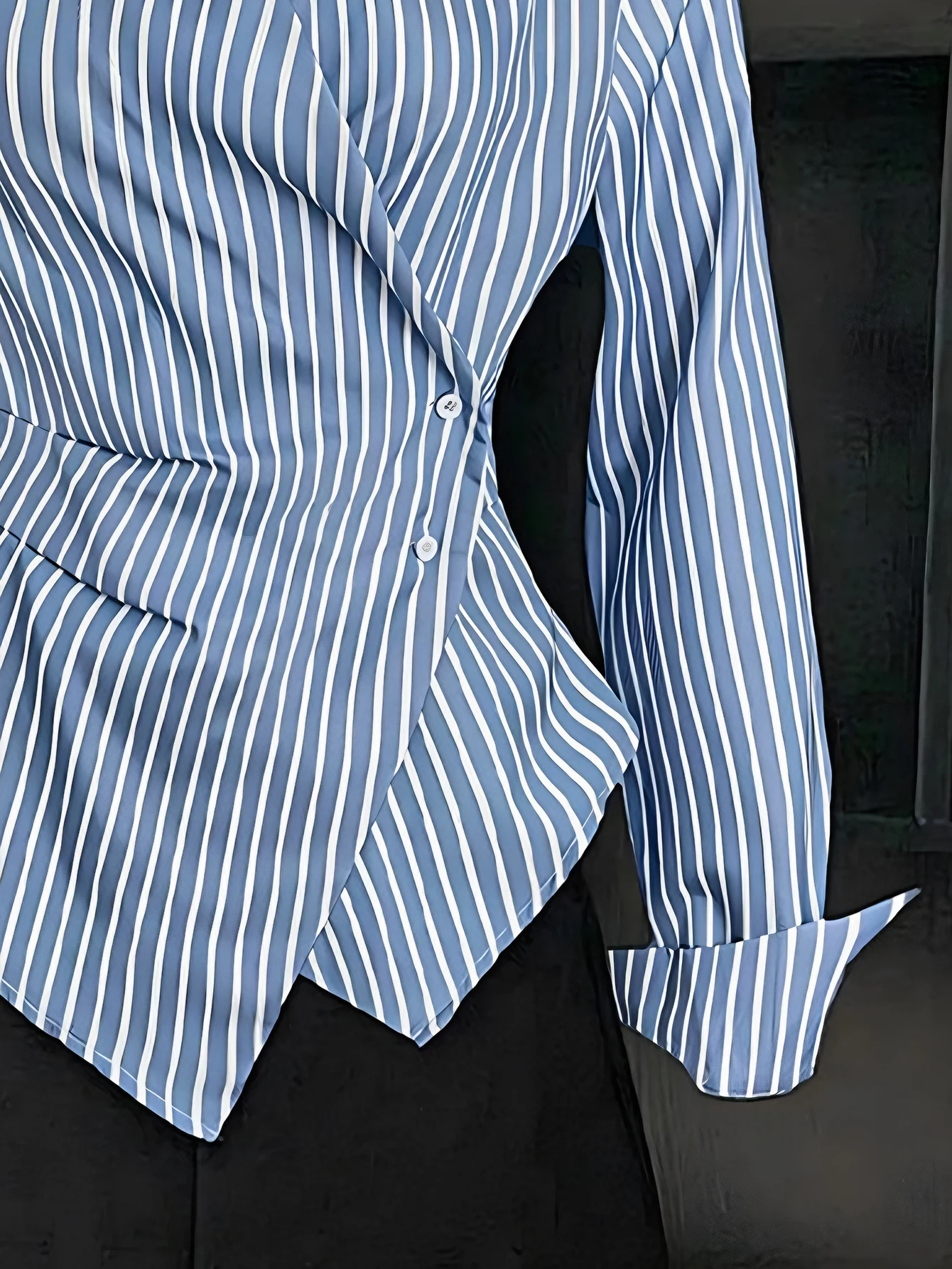 レディース カジュアル ストライプ 長袖シャツ 秋 アシンメトリーヘム ウエストシェイプ デイリーウェア 襟付き