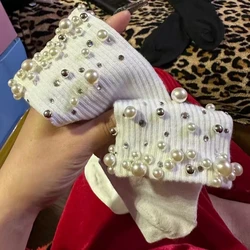 Luxury Style Pears Beaded Stitch White Cotton Socks Women's Stylish Comfortable and Breathable High Street Socks