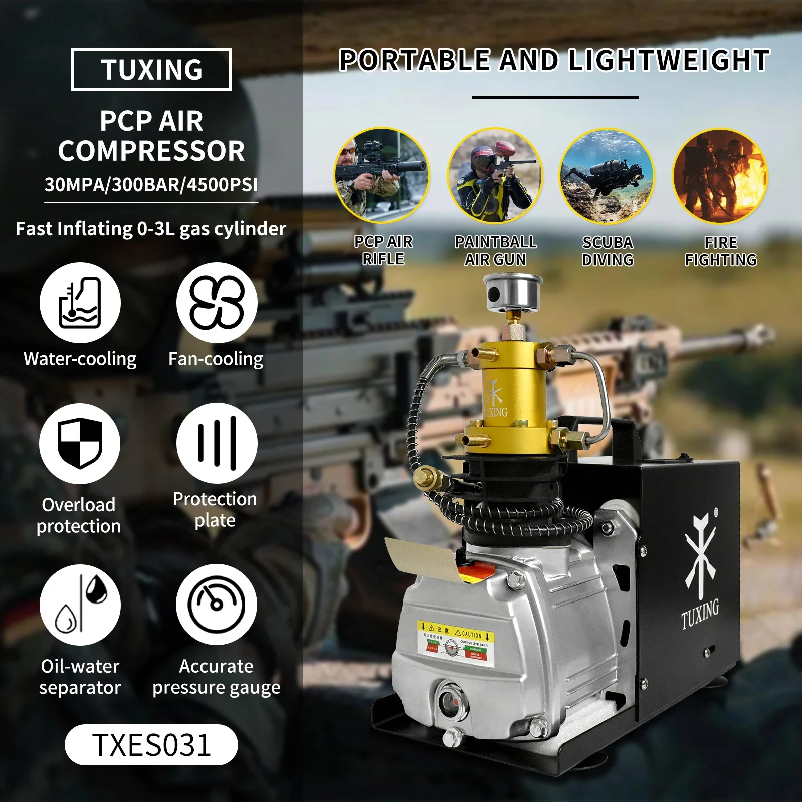 TUXING TXES031 300Bar PCP Air Compressor 4500Psi Electric High Pressure Air Compressor for PCP Rifle Airgun Diving Scuba Tank