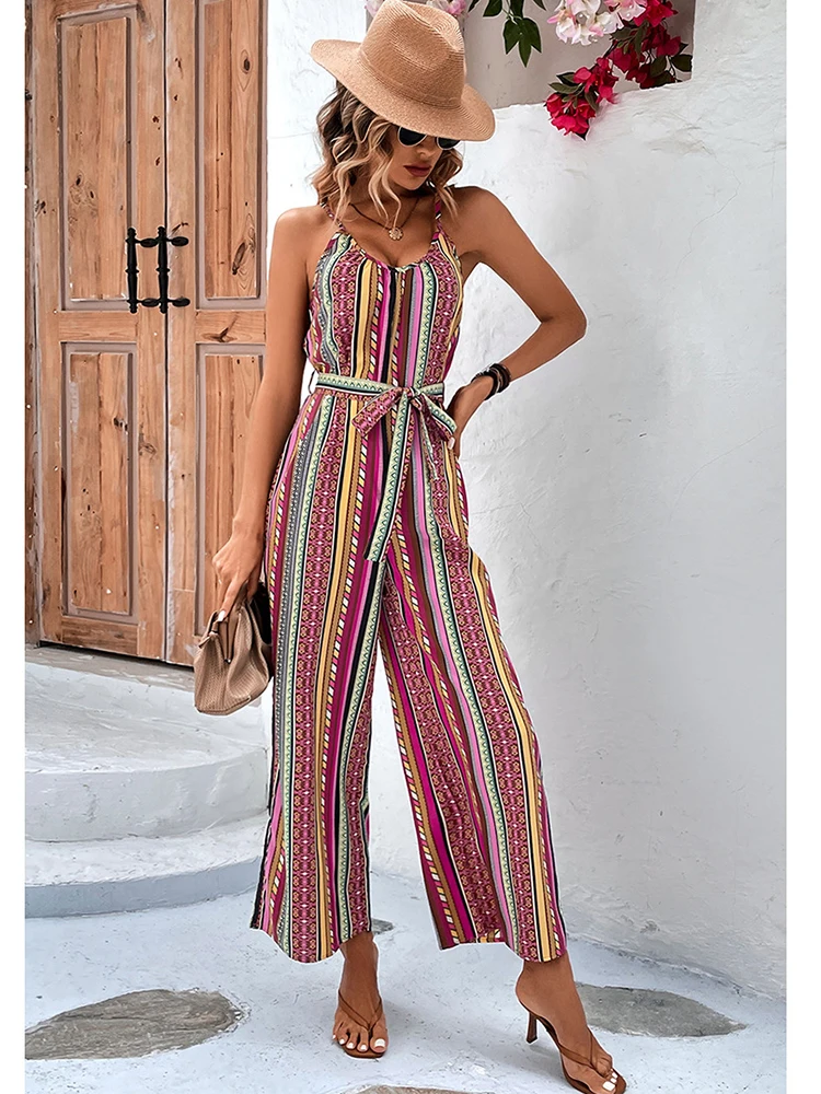 Negendelige Jumpsuit Bedrukte Streepband Met Wijde Pijpen 2023 Zomer Europa En Amerika Sexy Retro Bohemian Losse Casual Dameskleding