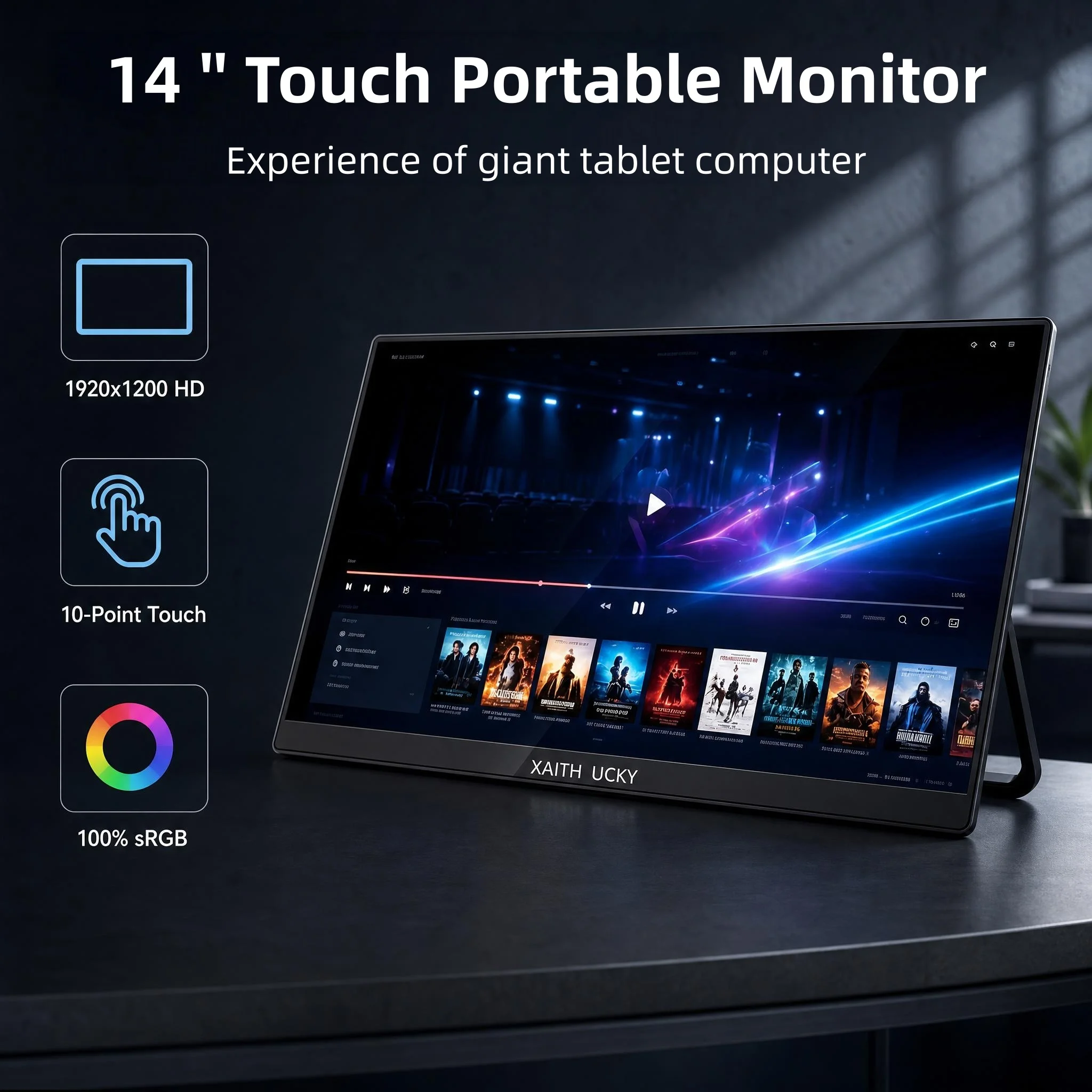 14‑Inch Touchscreen Portable Monitor, 1920×1200, USB‑C, 10‑Point Touch, 16:10 Aspect Ratio, 100% sRGB, Low Blue Light, Foldable