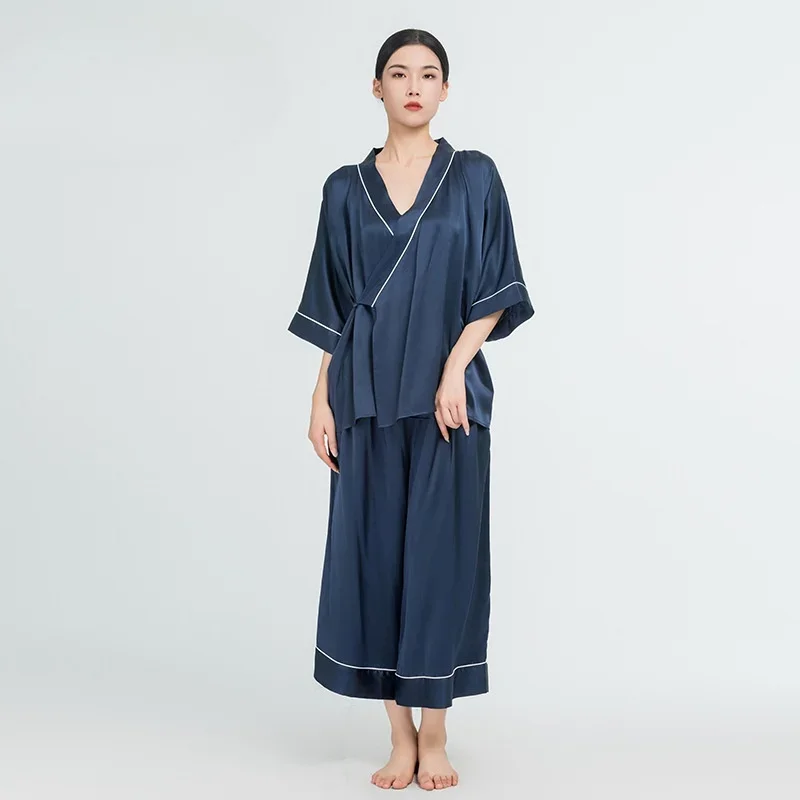 2024 Spring 19MM 100% Mulberry Silk Pajama Set Women Satin Long Home Clothing Plus Size Loungewear Pure Silk Kimono Robe Set